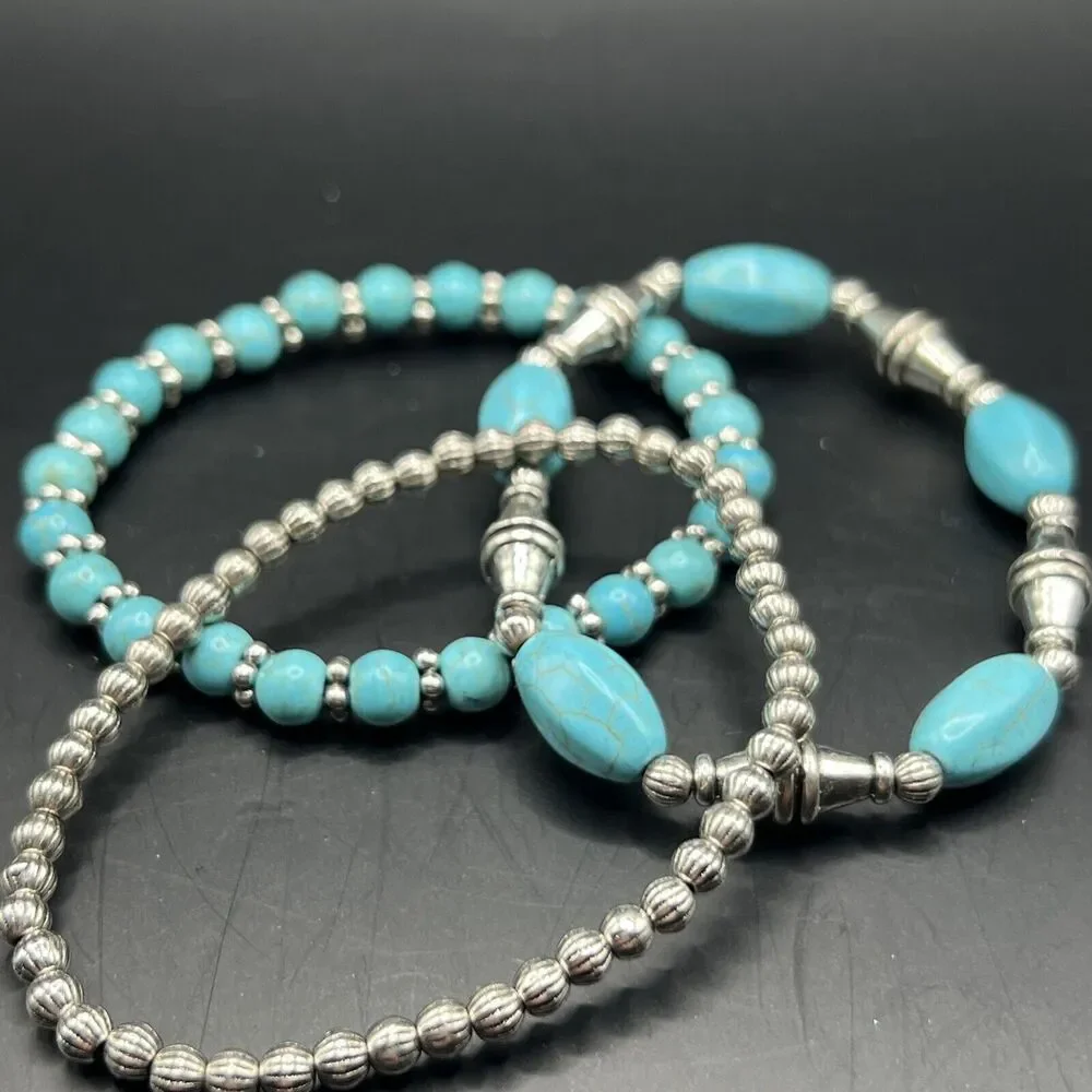 Bracelet Silver Stretch Bangle Multi Layering Blue Boho Western Turquoise - Picture 2 of 10